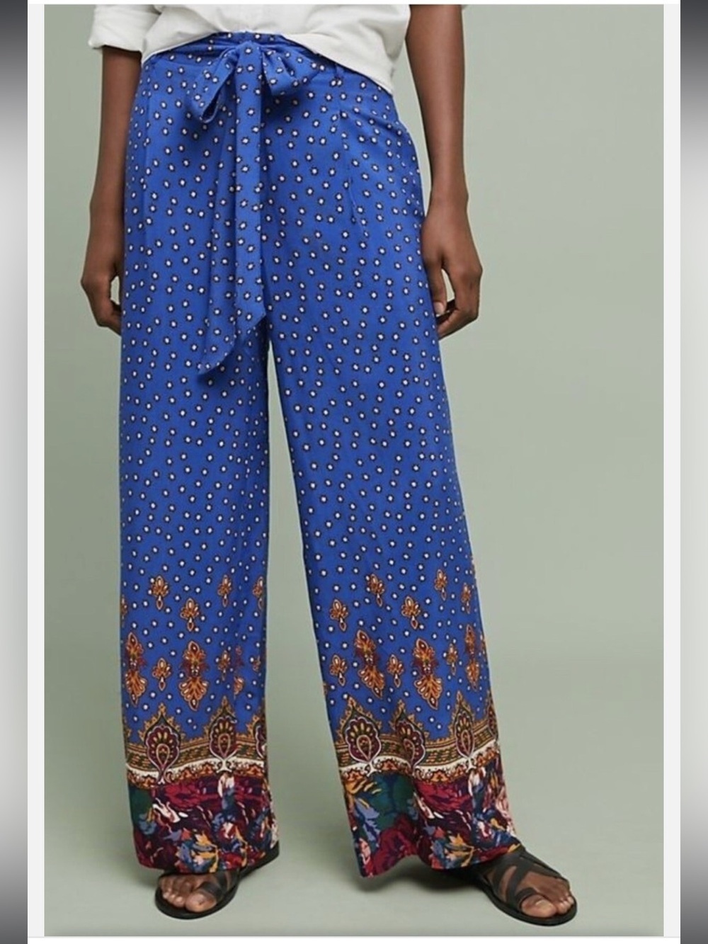 Anthropologie EttTwa Blue Paisley-Trim Wide-Leg Tie-Waist Pants